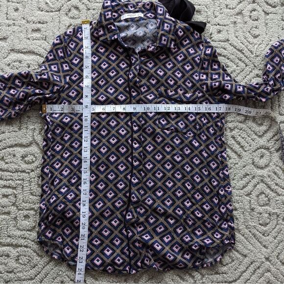 Mango Abstract Print Navy Pink Blouse With Bow Tie Neck Top Viscose XS @V - Picture 5 of 12